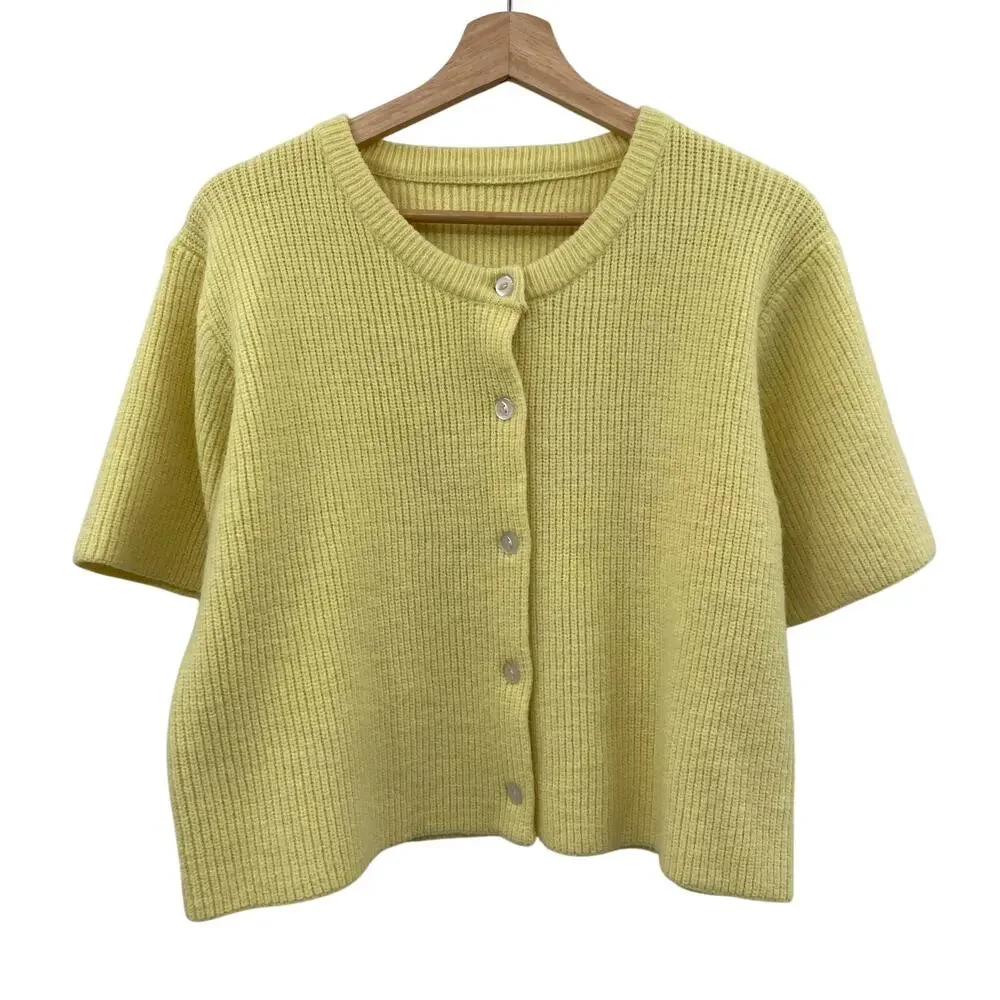 Butter yellow knit short sleeve cardigan sweater
